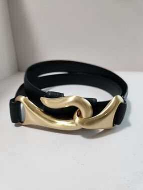 Chico's Captain Hook Trouser Belt Adjustable Black Leather with Gold-tone Buckle